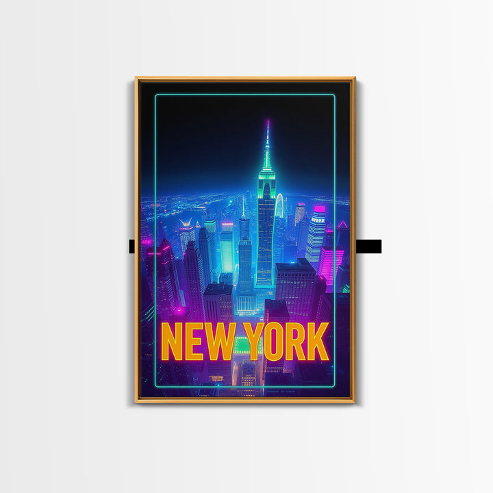 New York Travel Poster, Canvas Print, Neon Cityscape Wall Art, New York Wall Art, City Illustration, Mid Century Wall Art, City Art Print
