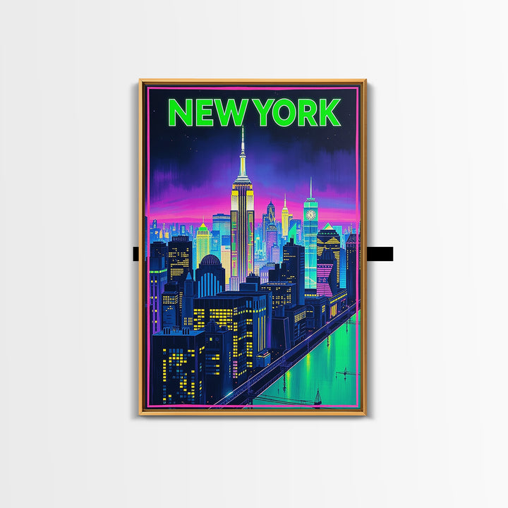 New York Travel Poster, Framed Canvas Print, Retro Neon Travel Art, New York Art Print, City Travel Prints, Fine Art Print, Art Print