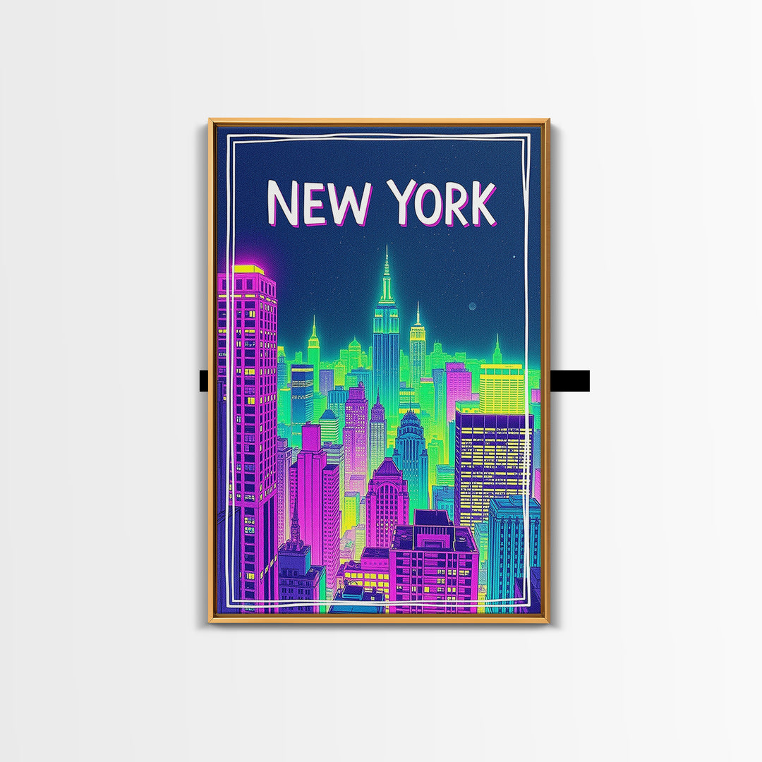 New York Travel Poster, Canvas Print, Neon Downtown Skyline Wall Art, New York City Art, Wanderlust Decor, Travel Wall Decor, Wall Decor
