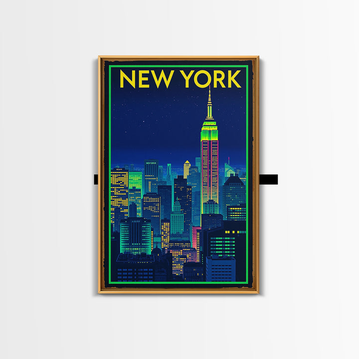 New York Travel Poster, Framed Canvas Print, Neon Downtown Skyline Wall Art, New York Wall Art, Gift For Travelers, Travel Wall Decor