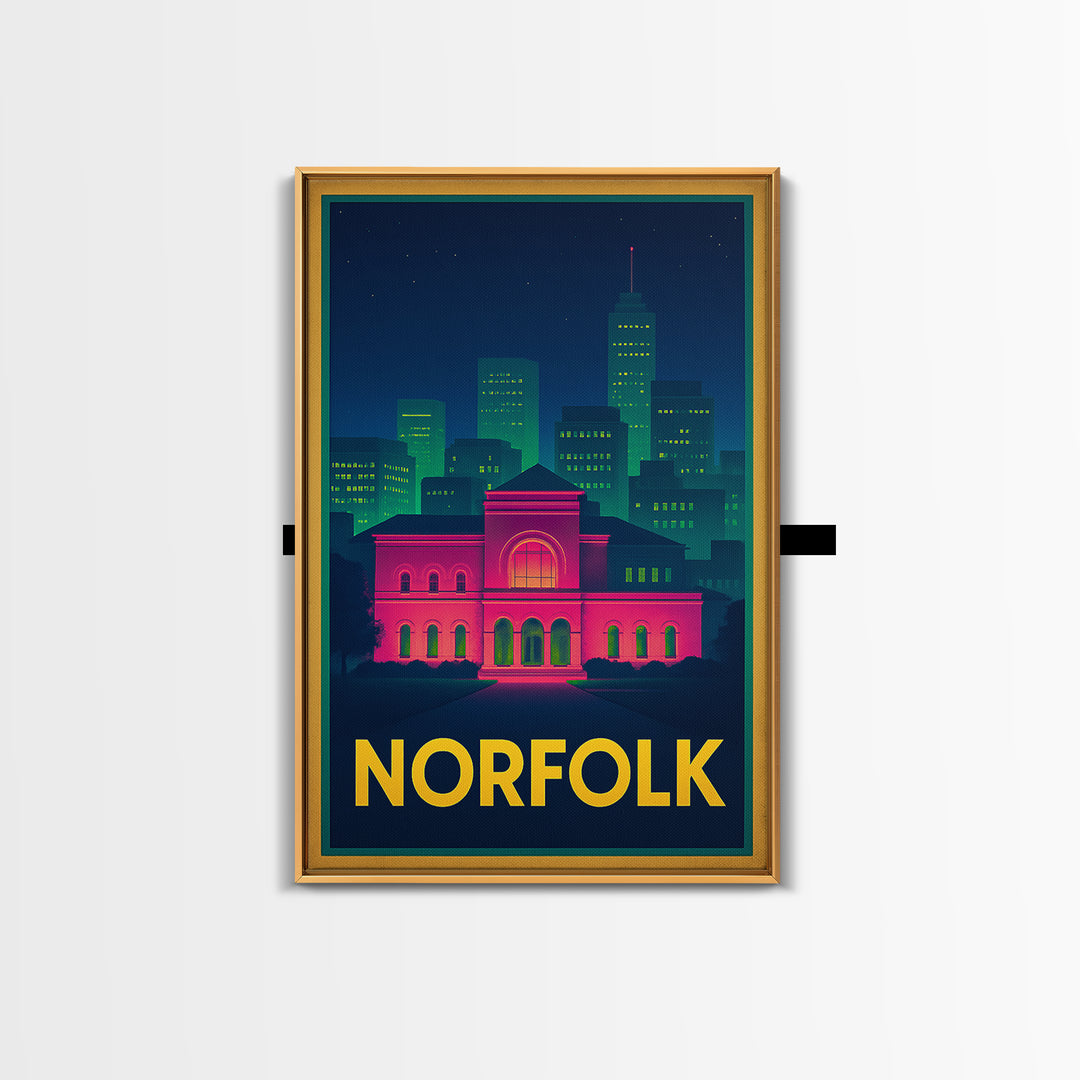 Norfolk Virginia Travel Poster, Canvas Print, Retro Neon Travel Art, Norfolk Art Print, Office Decor, Gift For Travelers, Travel Poster Art