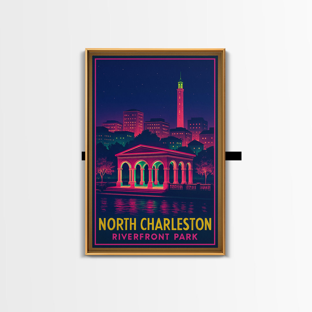 North Charleston South Carolina Travel Poster, Canvas Print, Neon Cityscape Wall Art, North Charleston Poster Print, City Illustration