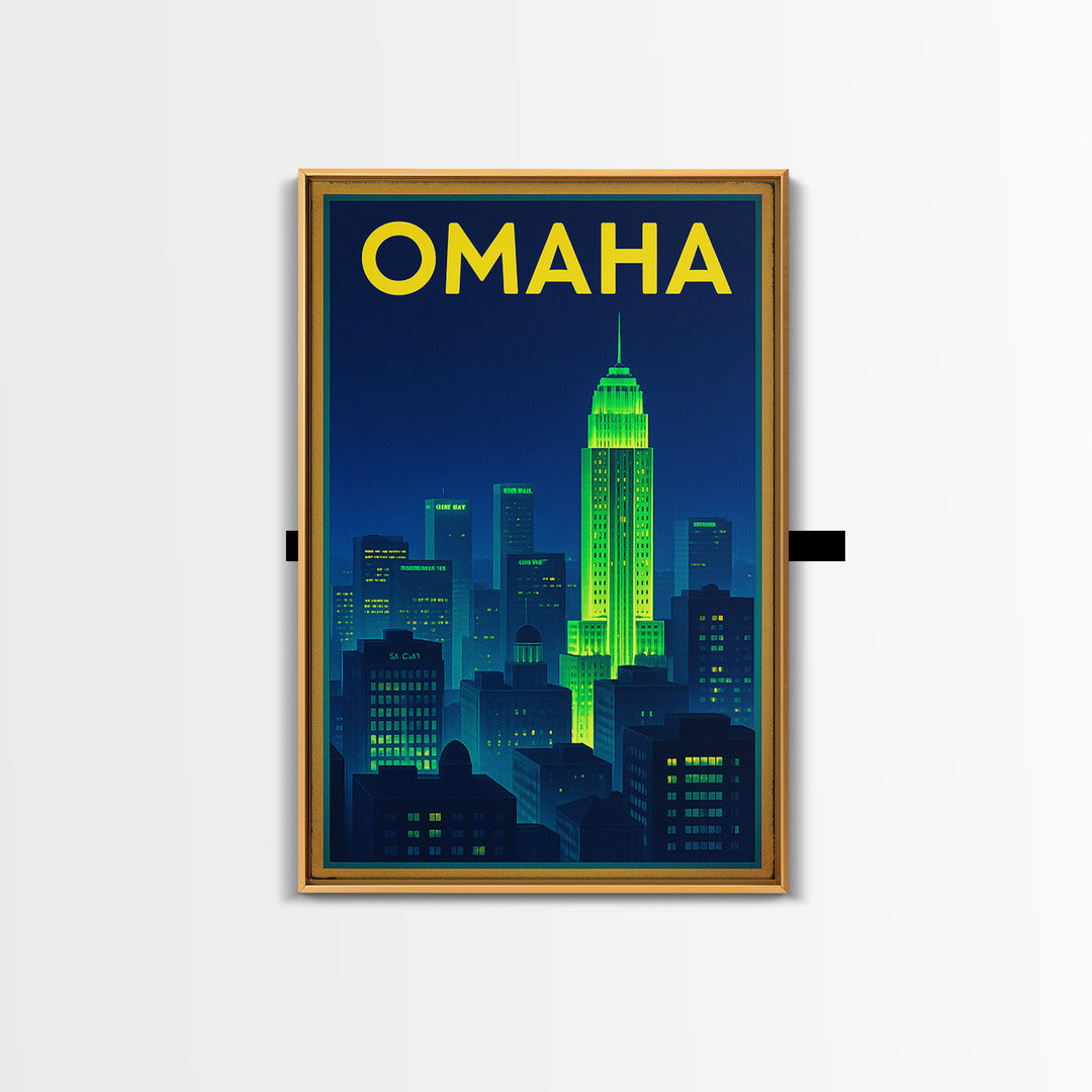 Omaha Travel Poster, Framed Canvas Print, Electric Night Poster Art, Omaha City Art, Travel Wall Decor, Mid Century Wall Art, Art Print