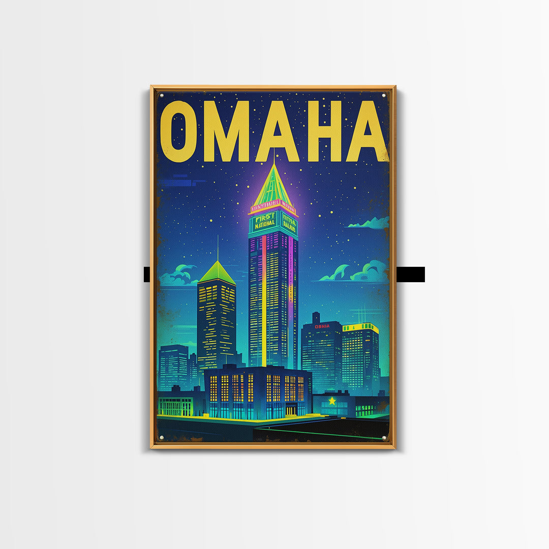 Omaha Travel Poster, Framed Canvas Print, Retro Neon Travel Art, Omaha Travel Art, Eclectic Wall Decor, City Art Print, Fine Art Print
