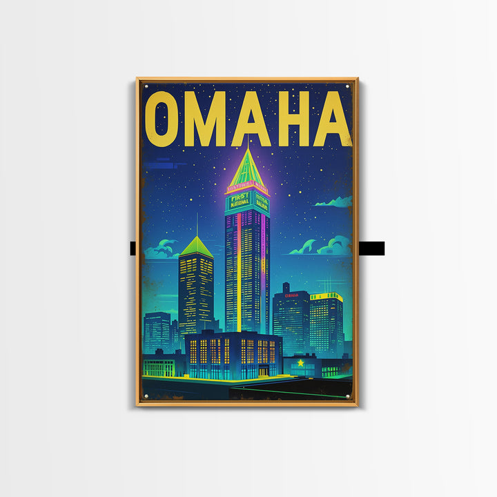 Omaha Travel Poster, Framed Canvas Print, Retro Neon Travel Art, Omaha Travel Art, Eclectic Wall Decor, City Art Print, Fine Art Print