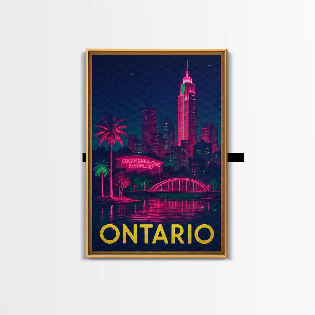 Ontario California Travel Poster, Canvas Print, Neon Urban Skyline Wall Art, Ontario City Art, Office Decor, City Illustration, City Poster