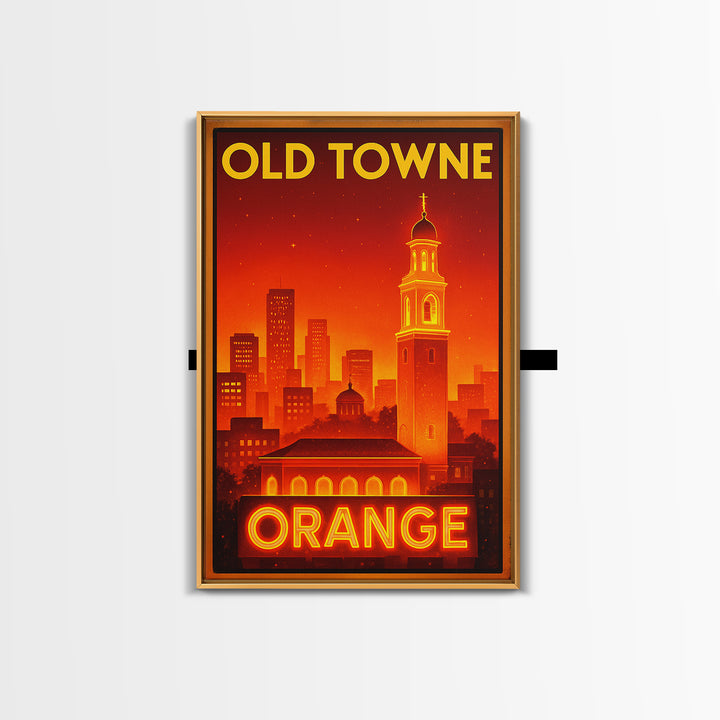 Orange Travel Poster, Framed Canvas Print, Retro Neon Travel Art, Orange Travel Art, Watercolor Downtown Skyline, Travel Poster Set