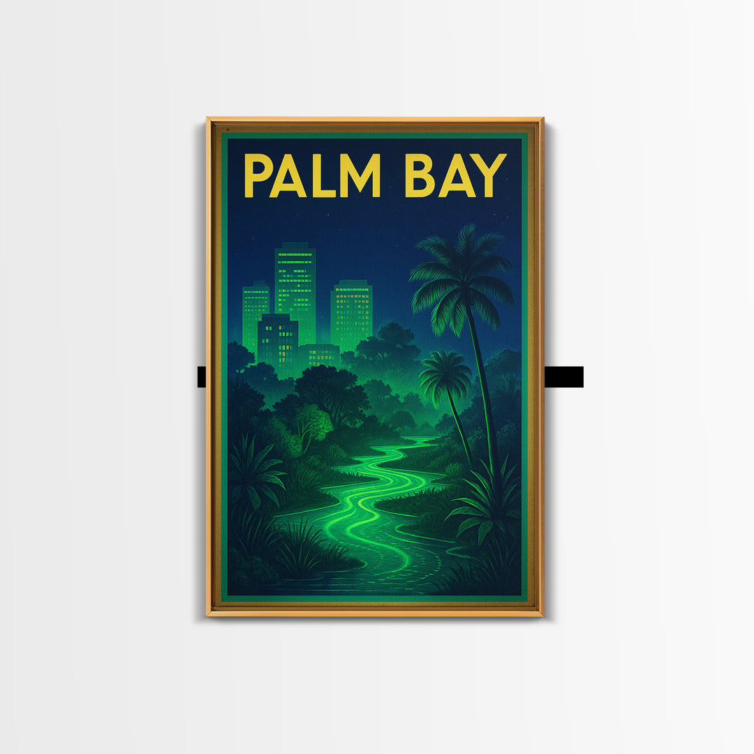 Palm Bay Travel Poster, Framed Canvas Print, Electric Night Poster Art, Palm Bay City Art, Travel Wall Art, City Travel Prints