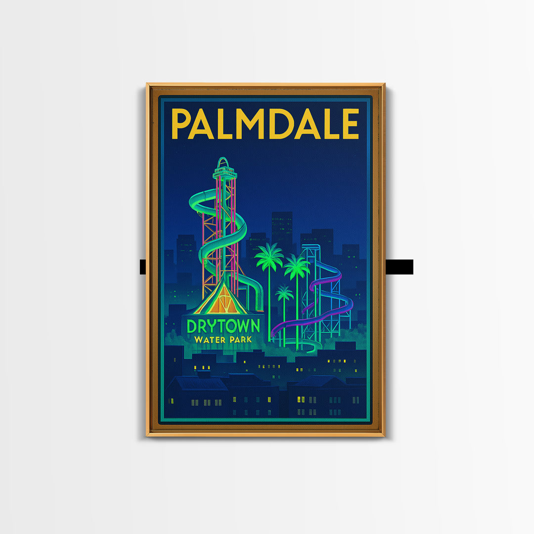 Palmdale Travel Poster, Framed Canvas Print, Neon Skyline Wall Art, Palmdale City Art, Vintage City Art, Mid Century Wall Art