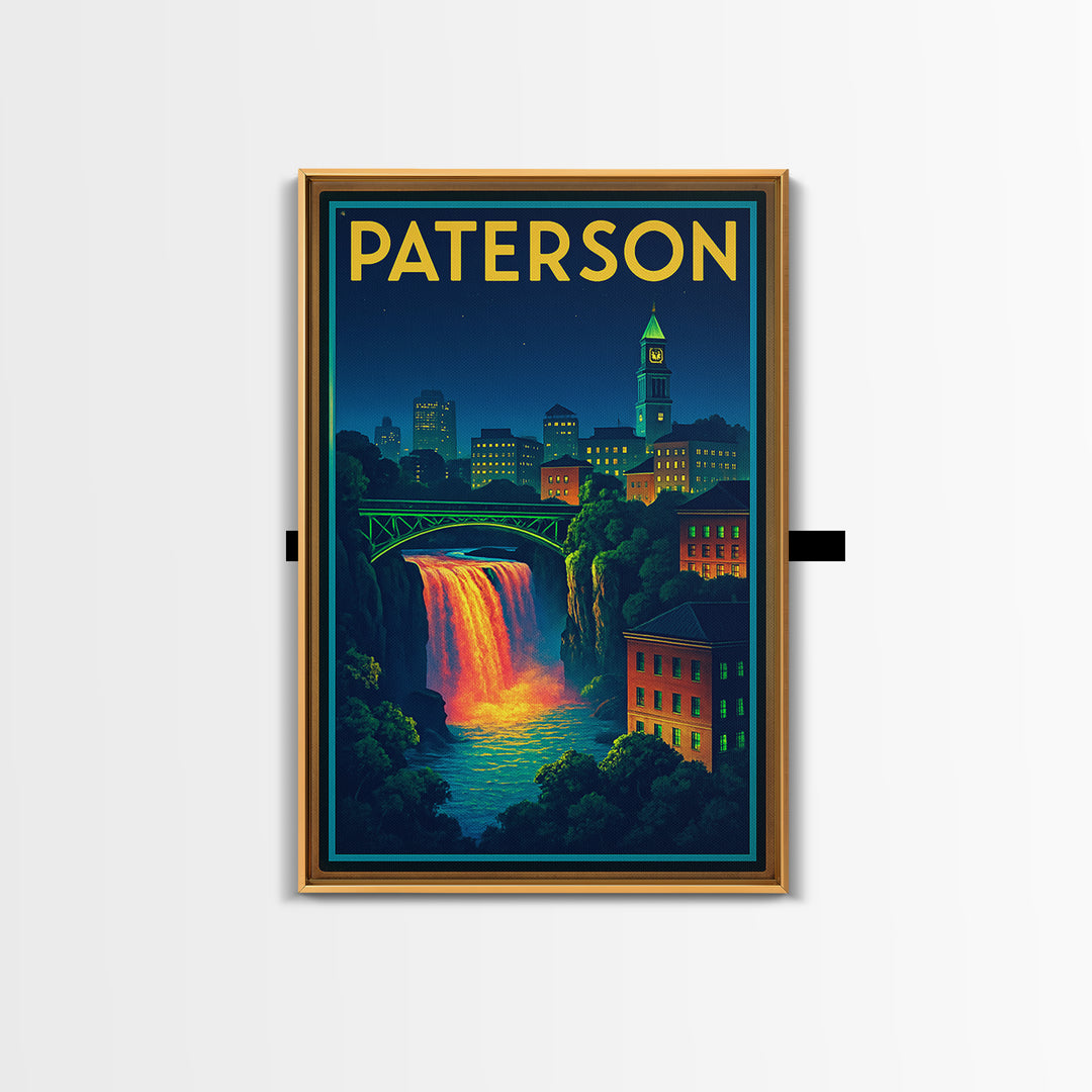 Paterson Travel Poster, Framed Canvas Print, Electric Night Poster Art, Paterson Wall Art, City Travel Prints, Home Office Decor