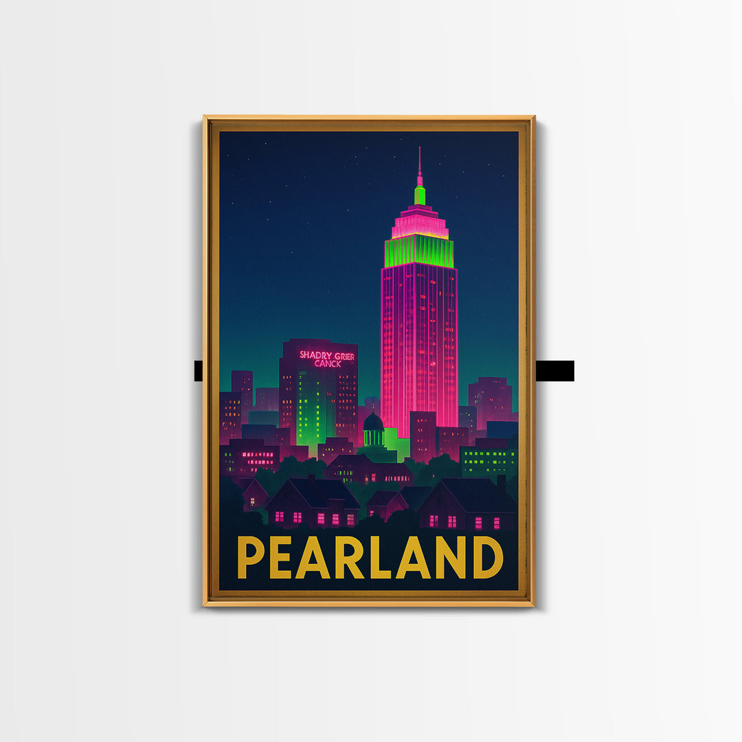 Pearland Texas Travel Poster, Canvas Print, Cyberpunk Style City Art, Pearland Travel Art, Mid Century Wall Art, Retro Travel Print
