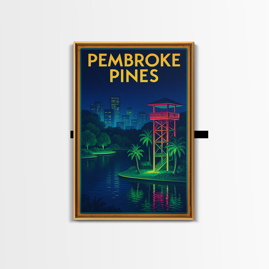 Pembroke Pines Travel Poster, Framed Canvas Print, Electric Night Poster Art, Pembroke Pines City Art, Mid Century Wall Art, Travel Gift