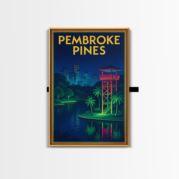 Pembroke Pines Travel Poster, Framed Canvas Print, Electric Night Poster Art, Pembroke Pines City Art, Mid Century Wall Art, Travel Gift