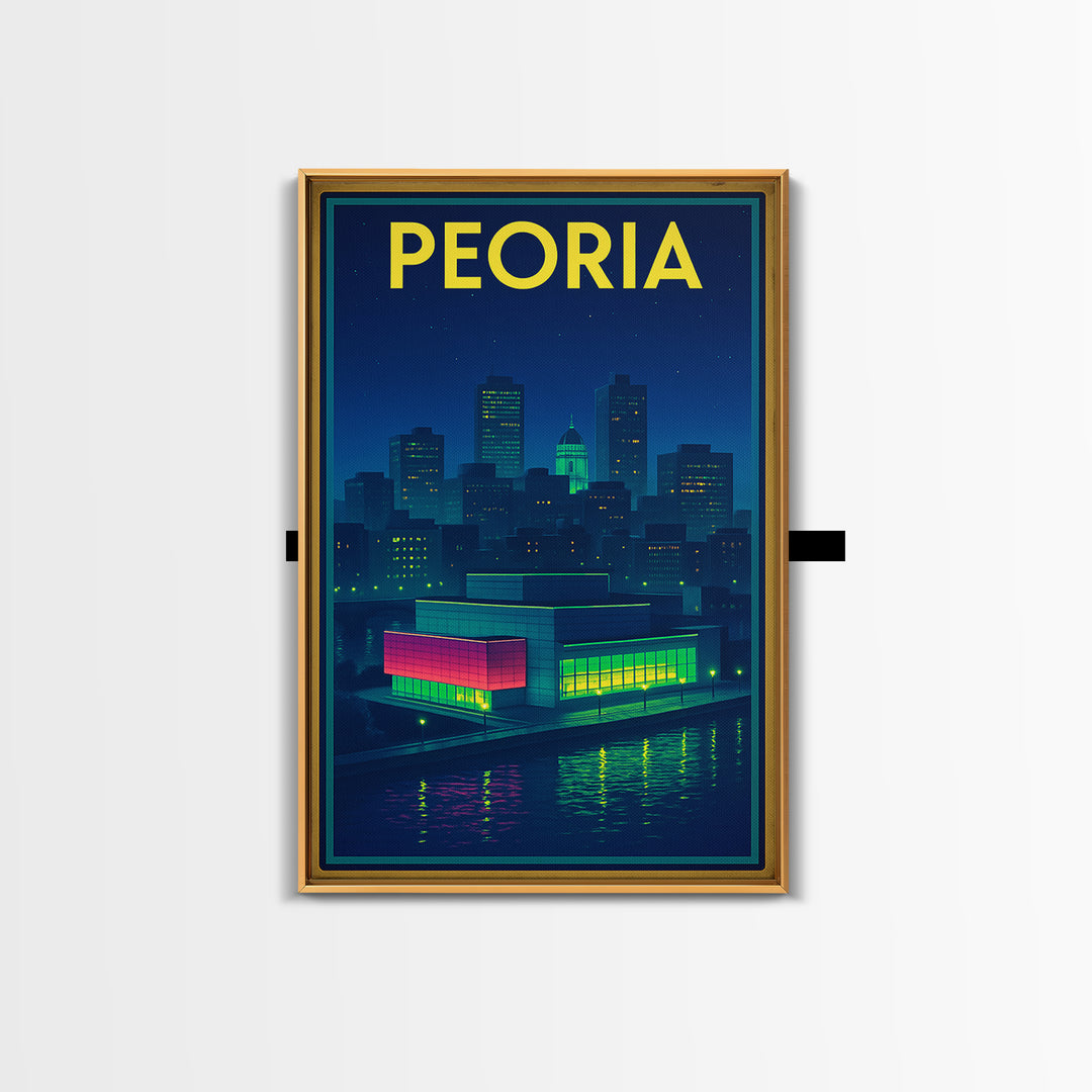 Peoria Travel Poster, Canvas Print, Retro Neon Travel Art, Peoria Art Print, Watercolor Skyline, City Art Print, Living Room Wall Art
