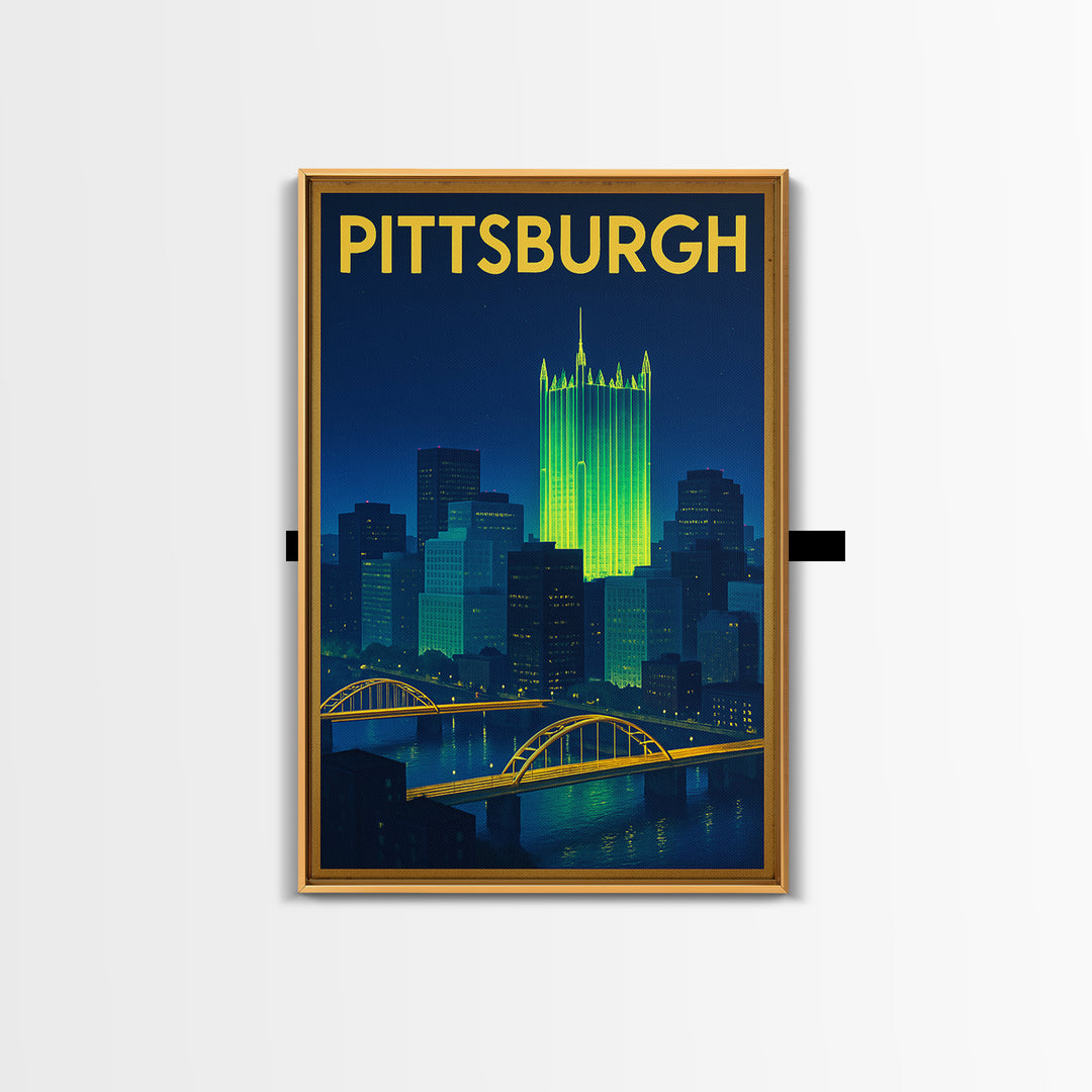 Pittsburgh Travel Poster, Framed Canvas Print, Electric Night Poster Art, Pittsburgh Art Print, Vintage City Poster, Vintage Travel Art