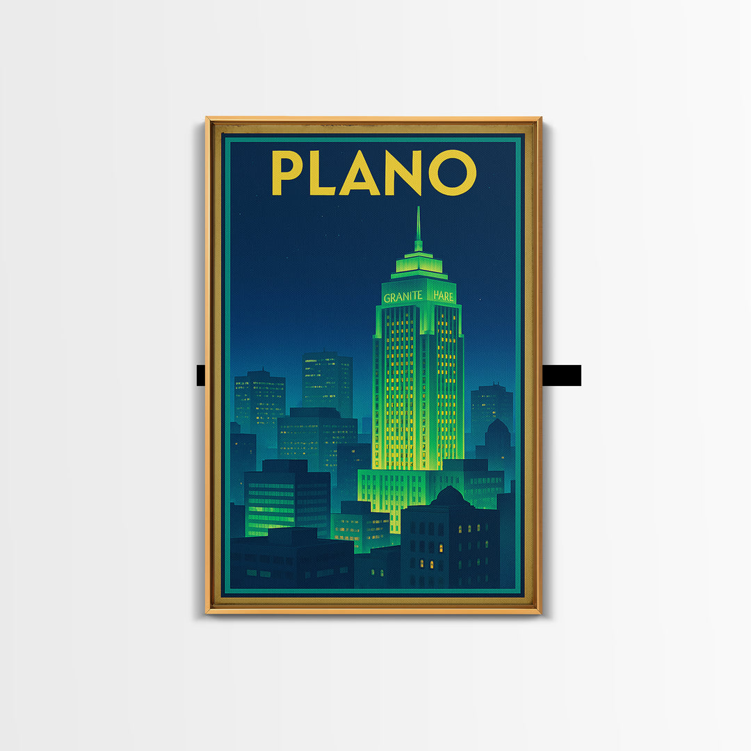 Plano Travel Poster, Framed Canvas Print, Electric Night Poster Art, Plano Travel Art, Watercolor Urban Skyline, Modern Wall Decor