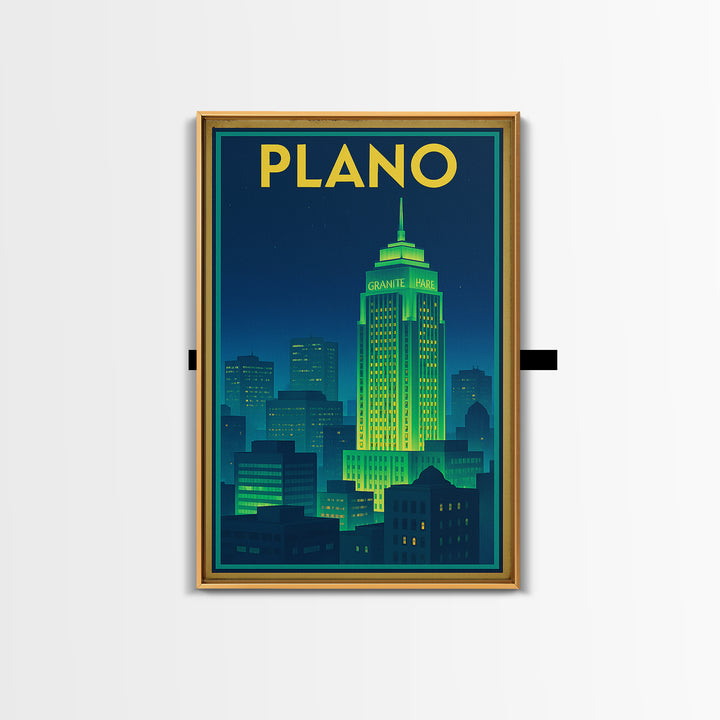 Plano Travel Poster, Framed Canvas Print, Electric Night Poster Art, Plano Travel Art, Watercolor Urban Skyline, Modern Wall Decor