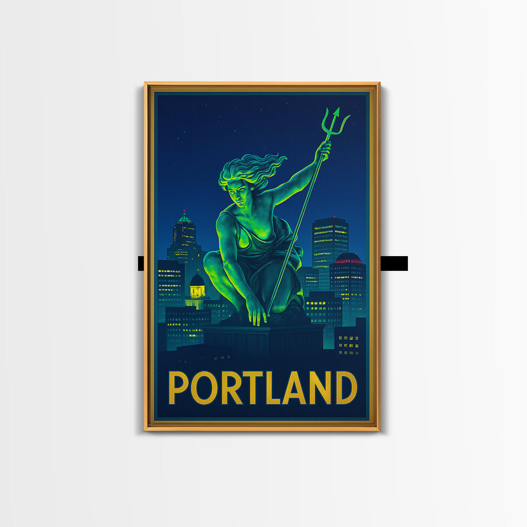Portland Oregon Travel Poster, Framed Canvas Print, Retro Neon Travel Art, Portland Travel Art, Home Office Decor, Retro Travel Print