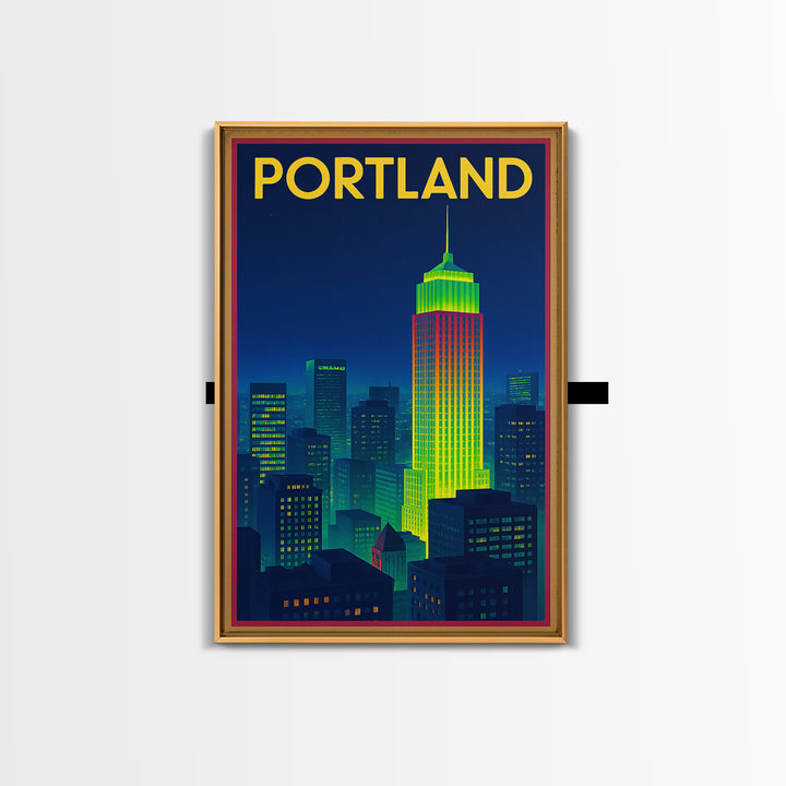 Portland Travel Poster, Framed Canvas Print, Cyberpunk Style City Art, Portland Wall Art, Fine Art Print, Watercolor Skyline