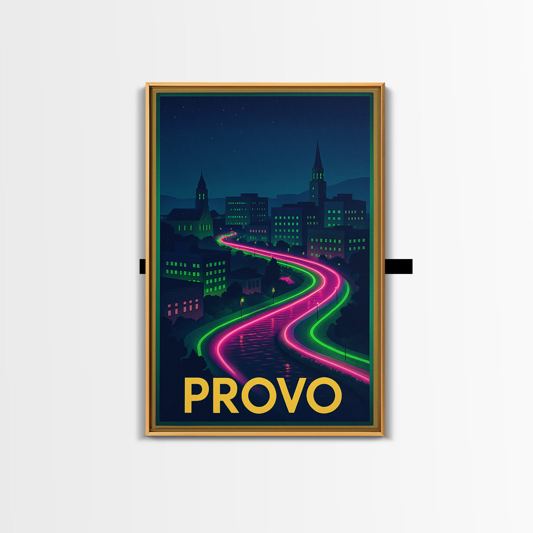 Provo Utah Travel Poster, Canvas Print, Neon Downtown Skyline Wall Art, Provo Wall Art, City Illustration, Gift For Travelers, Wall Art