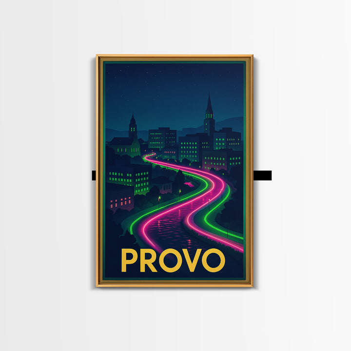 Provo Utah Travel Poster, Canvas Print, Neon Downtown Skyline Wall Art, Provo Wall Art, City Illustration, Gift For Travelers, Wall Art