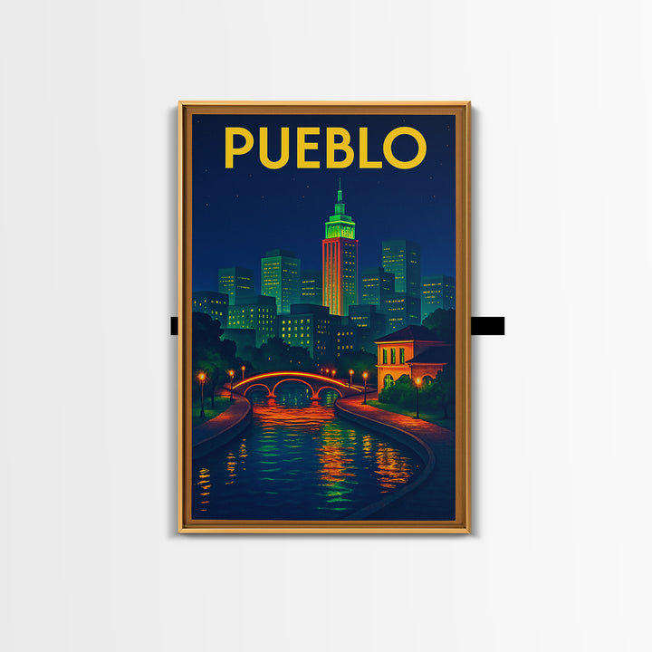 Pueblo Travel Poster, Canvas Print, Retro Neon Travel Art, Pueblo Wall Art, Travel Art Print, Travel Poster Art, Eclectic Wall Decor