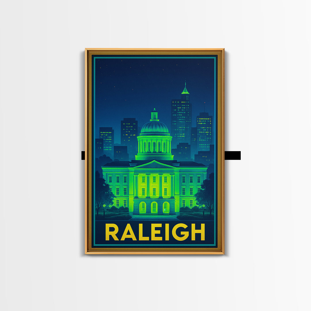 Raleigh North Carolina Travel Poster, Canvas Print, Electric Night Poster Art, Raleigh City Art, Vintage City Art, Travel Art, City Poster