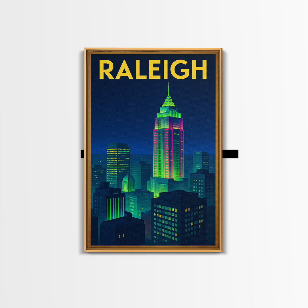 Raleigh Travel Poster, Framed Canvas Print, Retro Neon Travel Art, Raleigh Travel Art, Travel Poster Set, Gift For Travelers, Home Decor