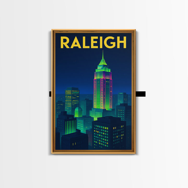 Raleigh Travel Poster, Framed Canvas Print, Retro Neon Travel Art, Raleigh Travel Art, Travel Poster Set, Gift For Travelers, Home Decor