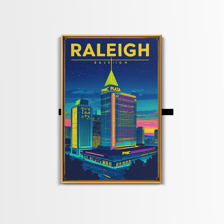 Raleigh Travel Poster, Framed Canvas Print, Electric Night Poster Art, Raleigh Art Print, Vintage Travel Art, City Illustration