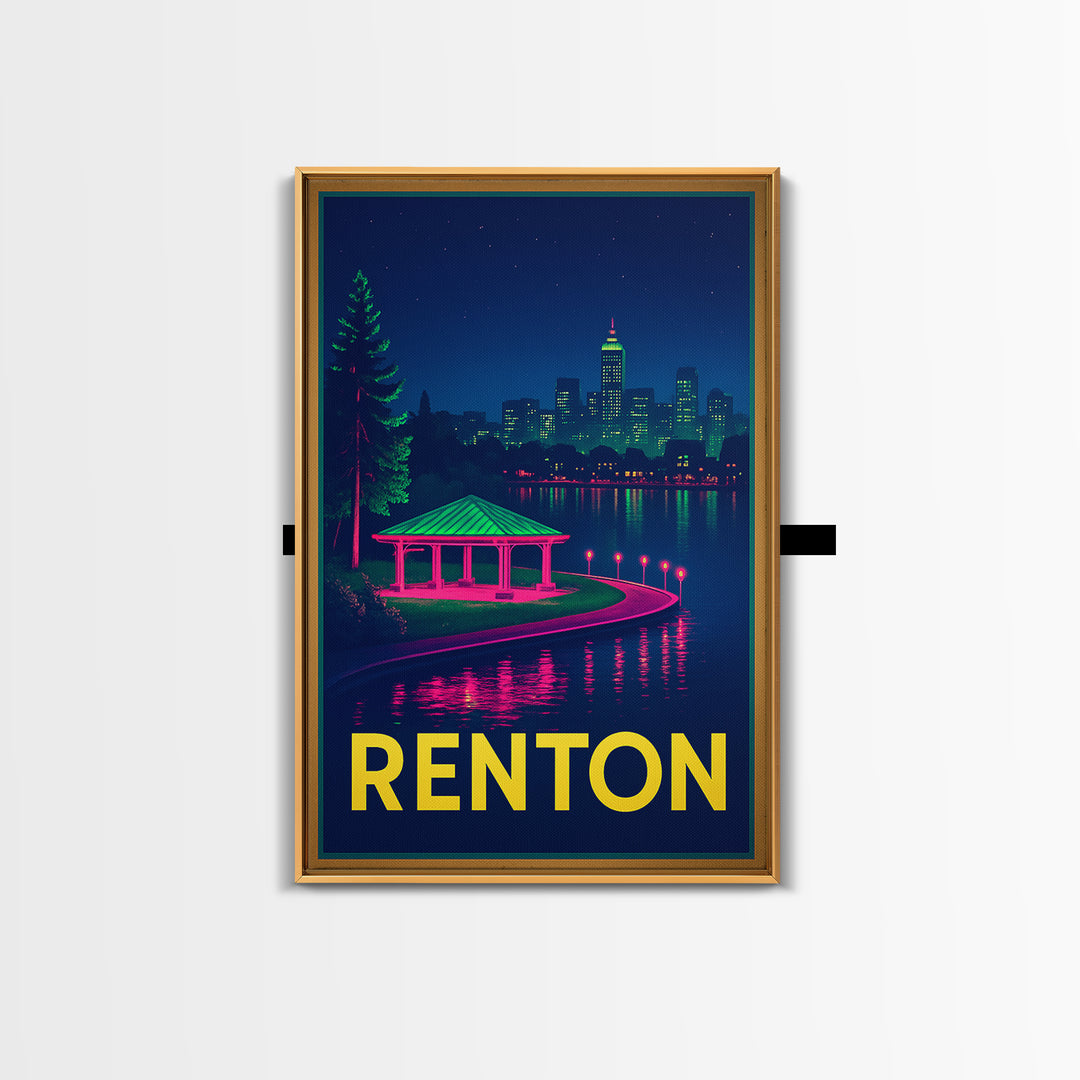 Renton Washington Travel Poster, Canvas Print, Neon Downtown Skyline Wall Art, Renton Travel Art, Travel Prints, Wanderlust Decor, Art Print