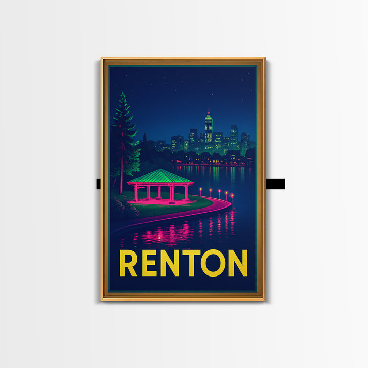 Renton Washington Travel Poster, Canvas Print, Neon Downtown Skyline Wall Art, Renton Travel Art, Travel Prints, Wanderlust Decor, Art Print