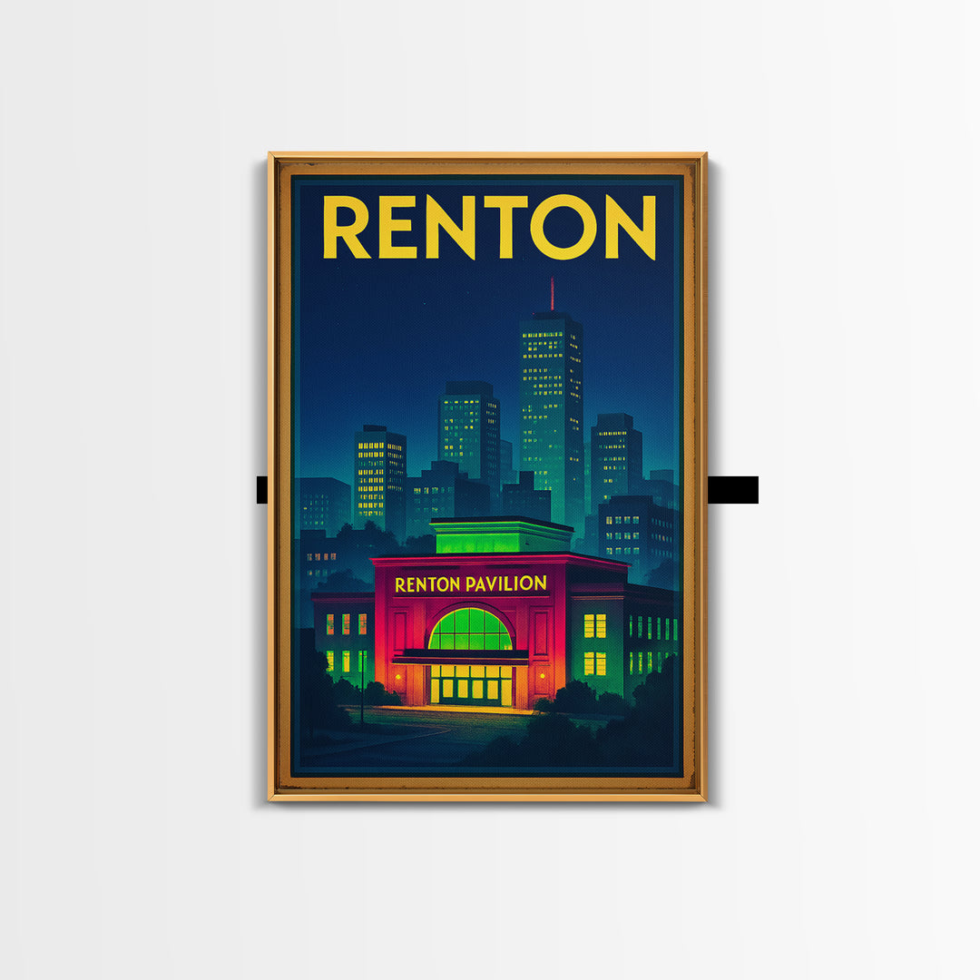 Renton Travel Poster, Canvas Print, Electric Night Poster Art, Renton Art Print, Living Room Wall Art, Vintage City Art, Fine Art Print