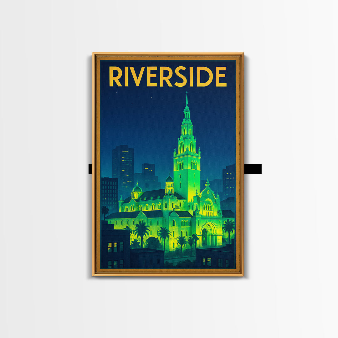 Riverside Travel Poster, Canvas Print, Neon City Skyline Wall Art, Riverside City Art, Living Room Wall Art, Eclectic Wall Decor, Wall Art