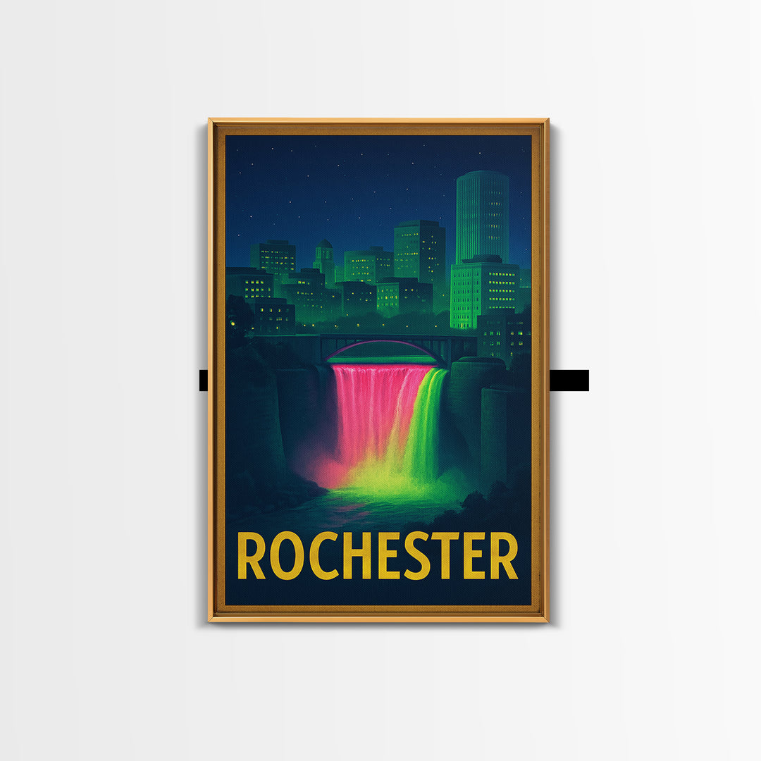 Rochester New York Travel Poster, Framed Canvas Print, Retro Neon Travel Art, Rochester Art Print, Mid Century Wall Art, Eclectic Wall Decor