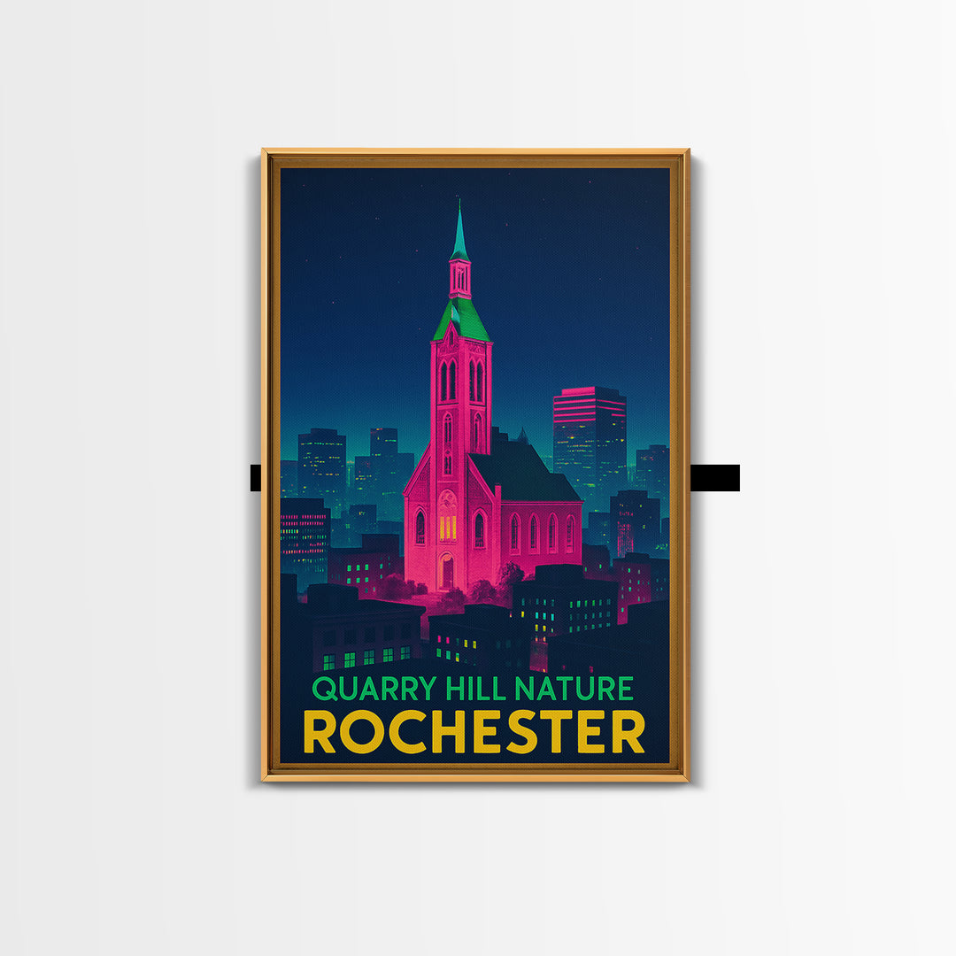 Rochester Travel Poster, Canvas Print, Retro Neon Travel Art, Rochester Art Print, Travel Wall Decor, Gift For Travelers, Travel Wall Art