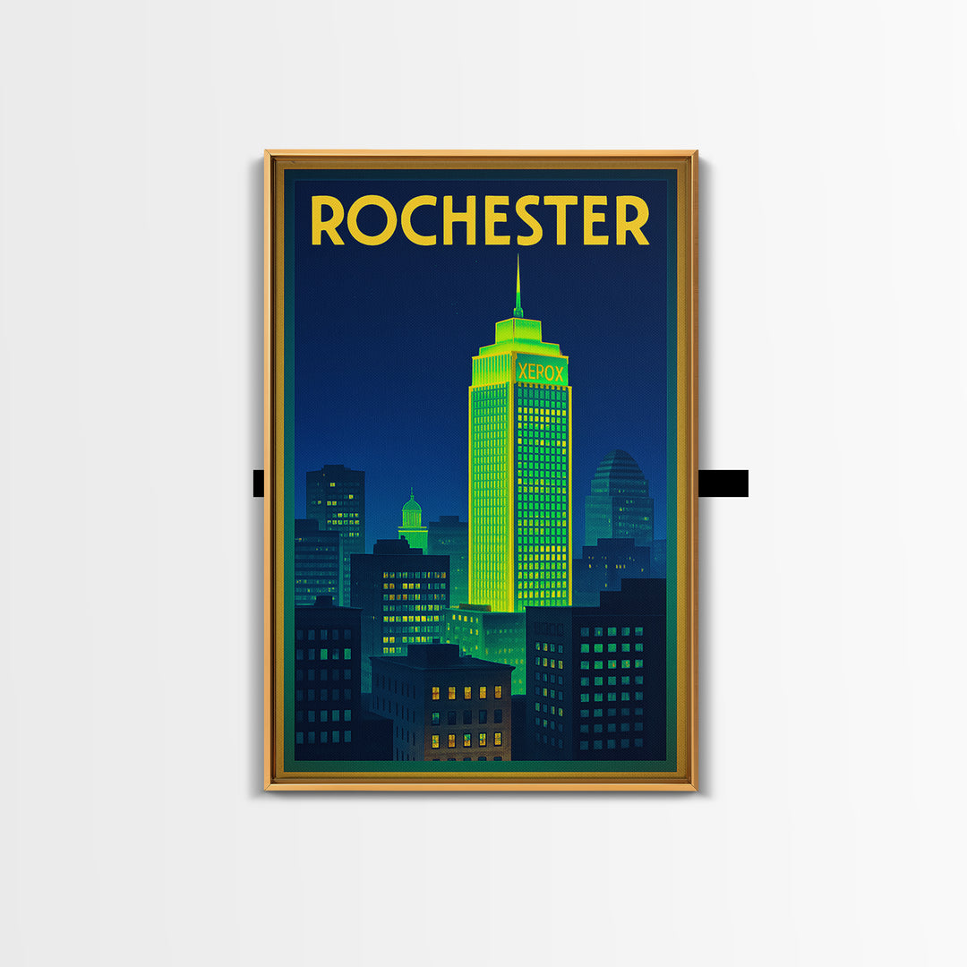 Rochester Travel Poster, Framed Canvas Print, Electric Night Poster Art, Rochester Travel Art, Wanderlust Decor, Watercolor Skyline Art
