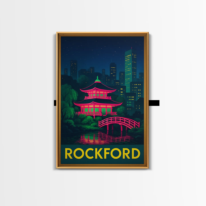 Rockford Illinois Travel Poster, Canvas Print, Retro Neon Travel Art, Rockford Art Print, Wanderlust Decor, Mid Century Wall Art, Travel Art