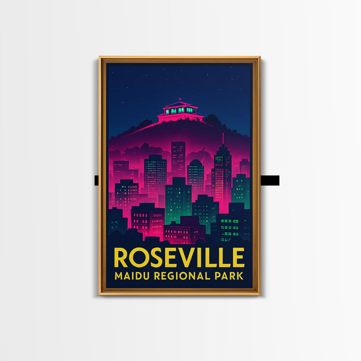 Roseville California Travel Poster, Framed Canvas Print, Neon Skyline Wall Art, Roseville Travel Art, Eclectic Wall Decor, Travel Wall Decor