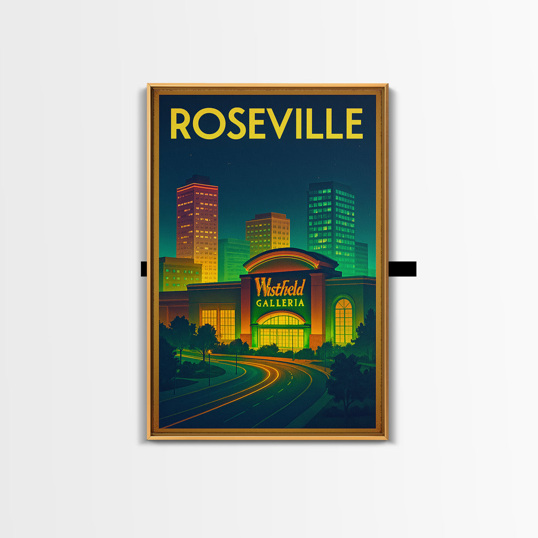 Roseville Travel Poster, Framed Canvas Print, Neon Skyline Art Wall Art, Roseville Poster Print, Home Office Decor, City Illustration