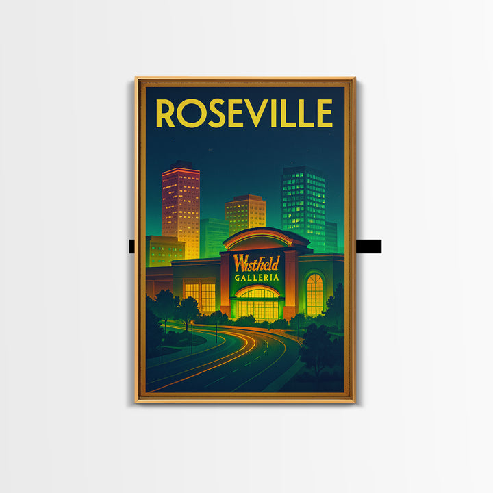 Roseville Travel Poster, Framed Canvas Print, Neon Skyline Art Wall Art, Roseville Poster Print, Home Office Decor, City Illustration