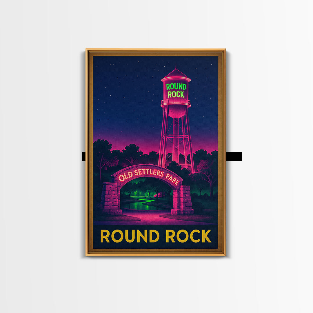 Round Rock Texas Travel Poster, Canvas Print, Electric Night Poster Art, Round Rock City Art, Watercolor Downtown Skyline, Travel Poster Art