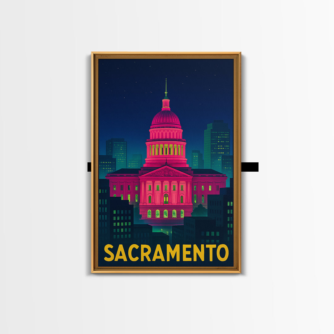 Sacramento California Travel Poster, Canvas Print, Electric Night Poster Art, Sacramento Wall Art, Vintage Travel Art, Living Room Wall Art