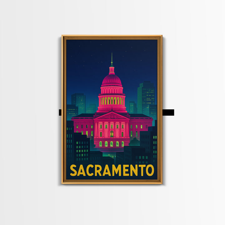 Sacramento California Travel Poster, Canvas Print, Electric Night Poster Art, Sacramento Wall Art, Vintage Travel Art, Living Room Wall Art