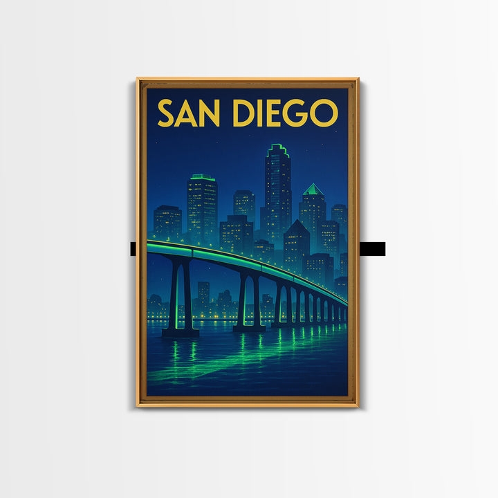 San Diego Travel Poster, Framed Canvas Print, Electric Night Poster Art, San Diego Wall Art, Retro Travel Print, Travel Wall Art