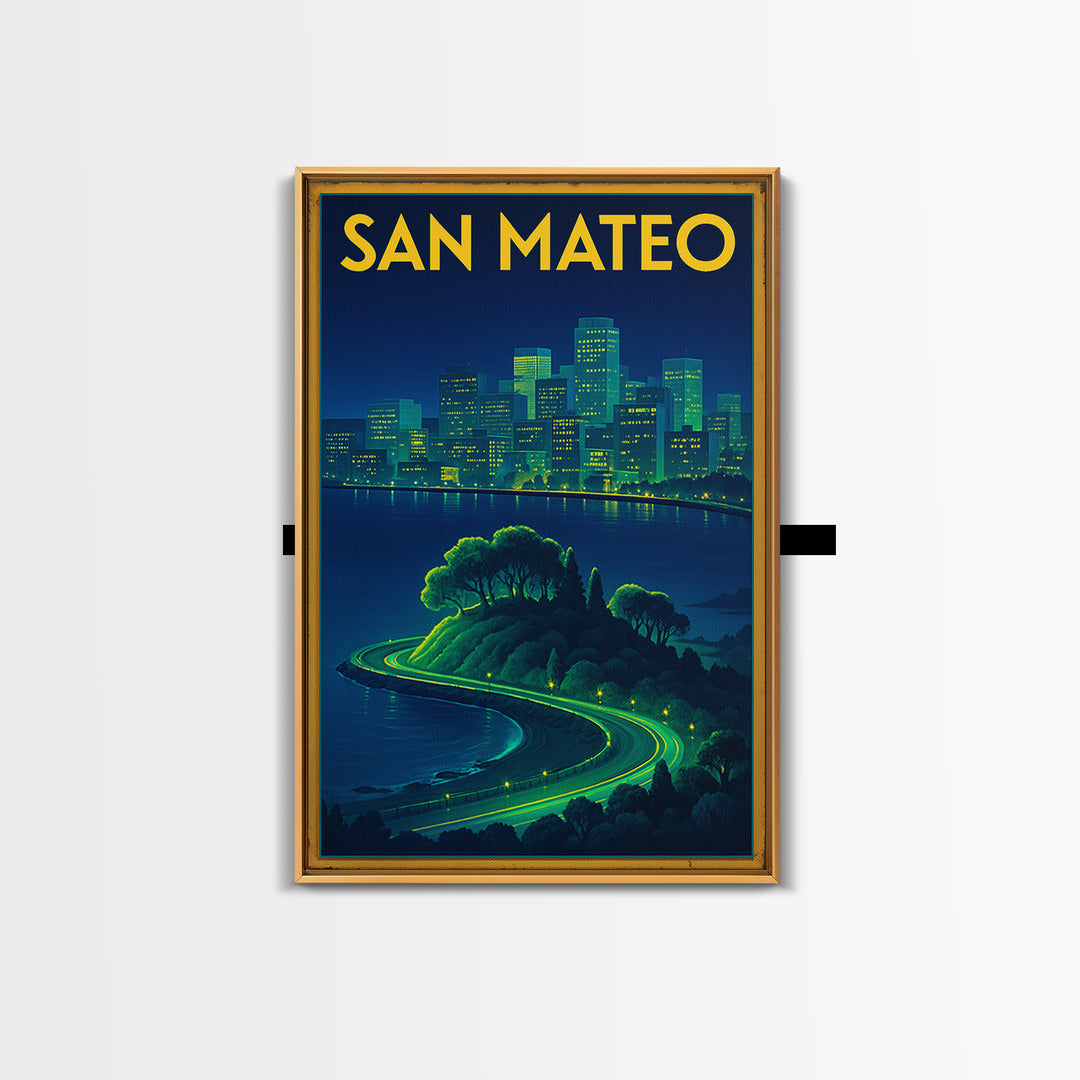 San Mateo Travel Poster, Framed Canvas Print, Electric Night Poster Art, San Mateo Wall Art, Vintage Travel Print, Vintage City Art