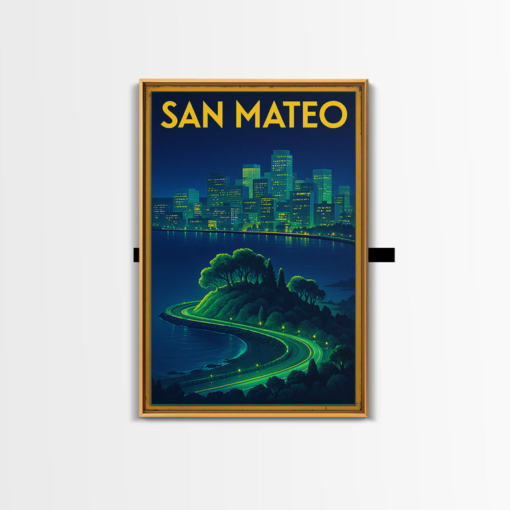 San Mateo Travel Poster, Framed Canvas Print, Electric Night Poster Art, San Mateo Wall Art, Vintage Travel Print, Vintage City Art