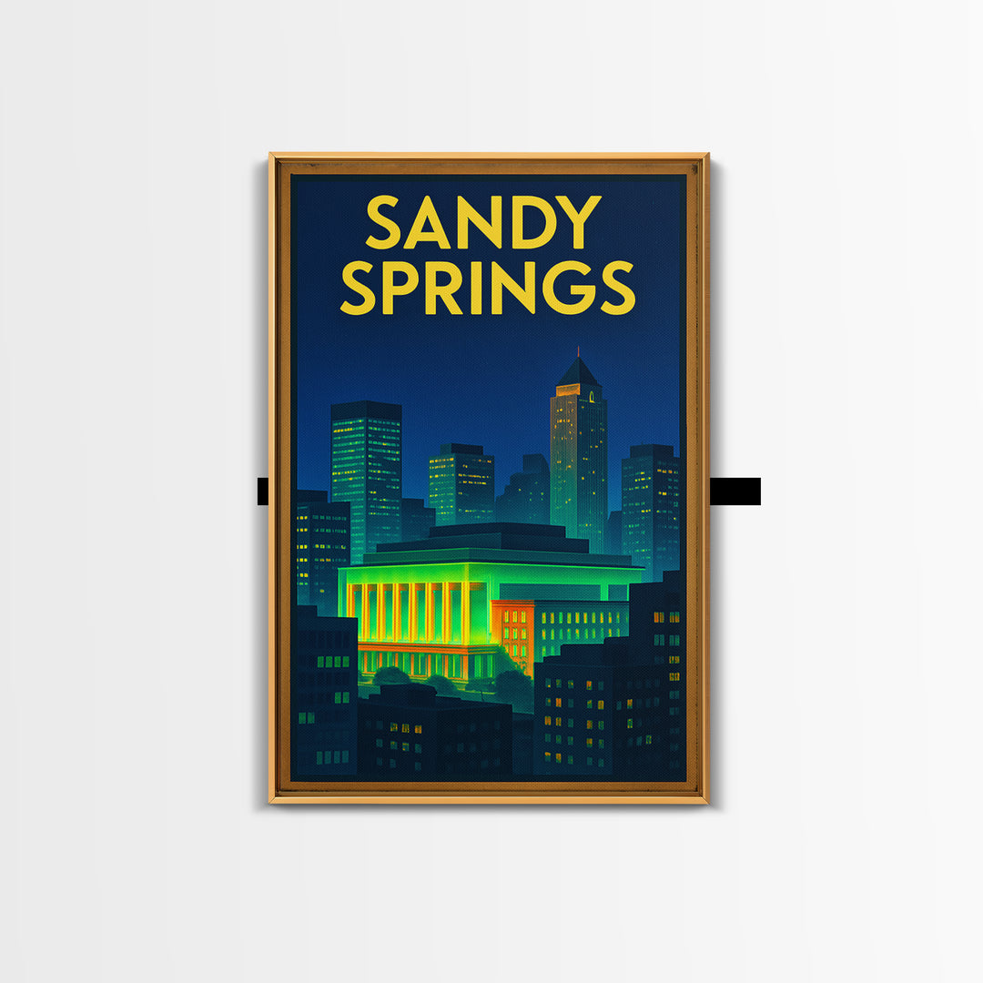 Sandy Springs Travel Poster, Canvas Print, Retro Neon Travel Art, Sandy Springs Travel Art, Travel Poster Set, Watercolor Downtown Skyline