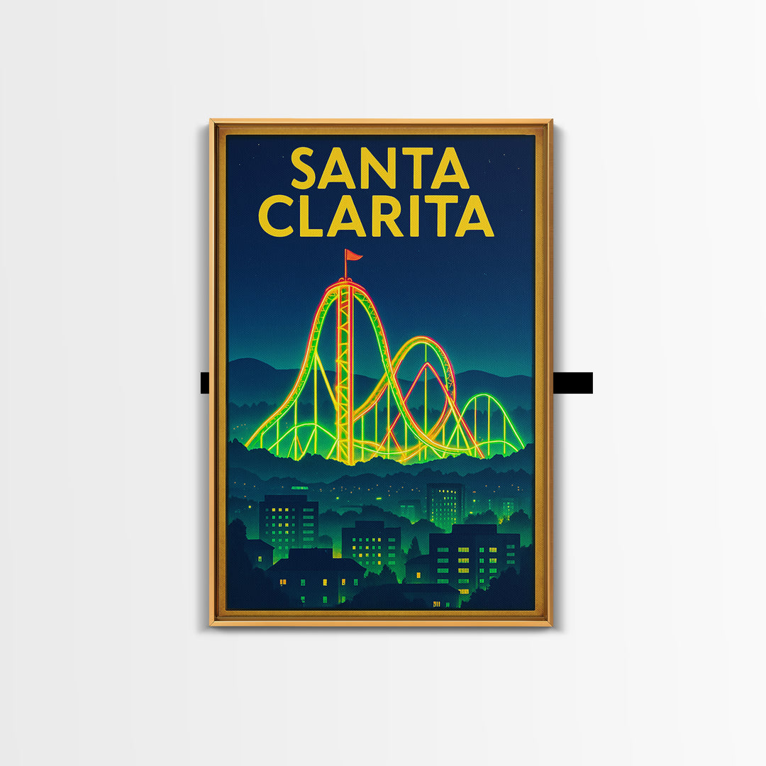 Santa Clarita Travel Poster, Framed Canvas Print, Retro Neon Travel Art, Santa Clarita Wall Art, Vintage City Poster, Retro Travel Print