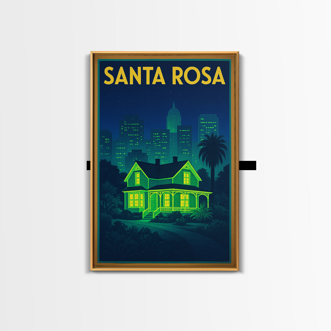 Santa Rosa Travel Poster, Canvas Print, Retro Neon Travel Art, Santa Rosa City Art, Eclectic Wall Decor, Watercolor Skyline, Wall Art